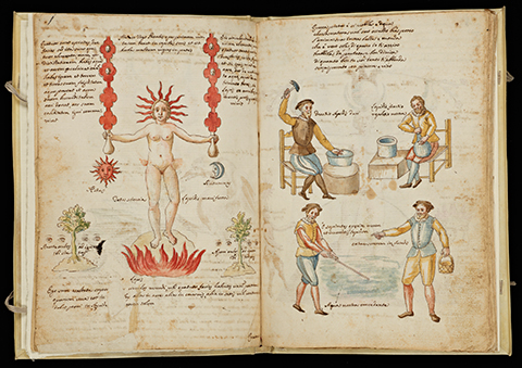 An open book depicting artisanal Mercury workers on the right and an allegorical depiction of the distillation process symbolized by a naked woman on the left