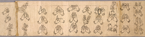 Drawings depicting the correct hand positions and gestures for a ritual honoring the bodhisattva of compassion, Avalokitesvara