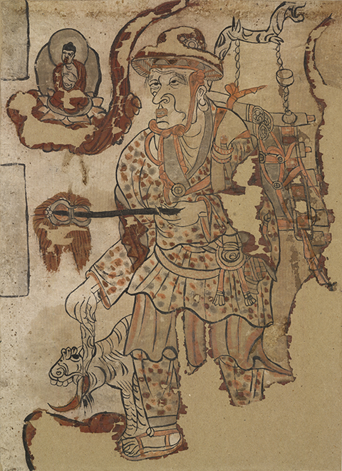 A traveling monk, a pack of scrolls on his back and accompanied by a tiger and an emanating buddha, walks across the paper