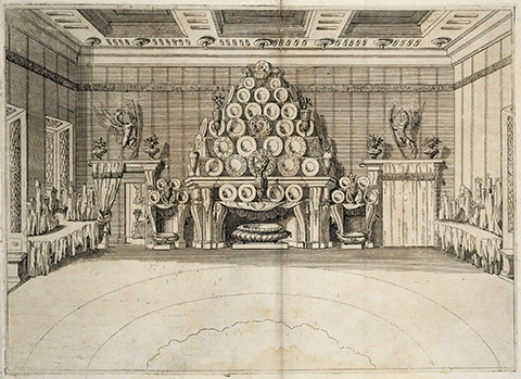Pyramidal display of silver platters, urns, vases, and tureens, decorating a hearth and side tables