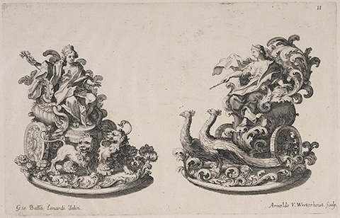 Ornately carved sugar sculptures of Juno and Cybele in chariots drawn by lions and peacocks