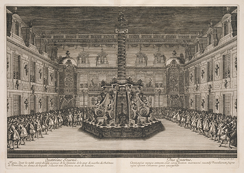View of open book, showing a banquet table designed around a large fountain