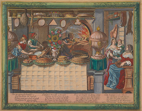Lively, colorful scene of bakers baking cakes and pies