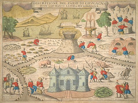 Colorful map of a mythical land where food and riches fall from the sky and sprout from the land