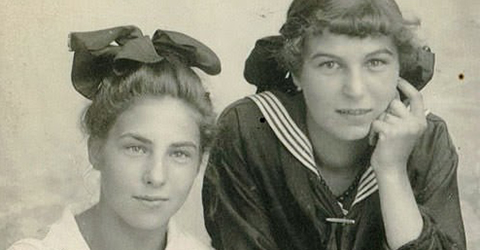 Black and white photo of two young women