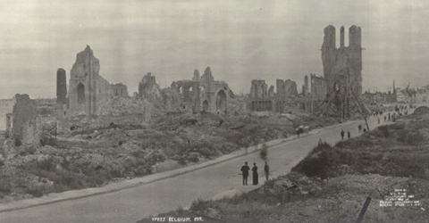 Black and white photo of ruined buildings