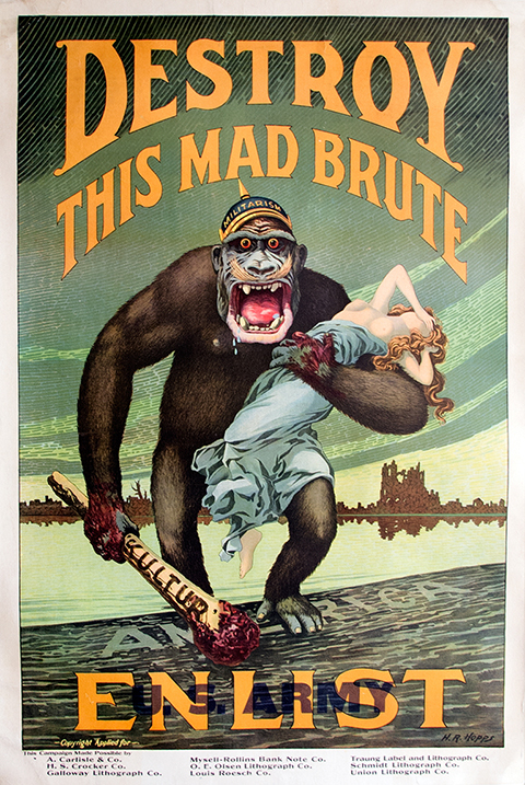 Poster of ape wearing a spiked helmet, carrying bloody club and fainting woman