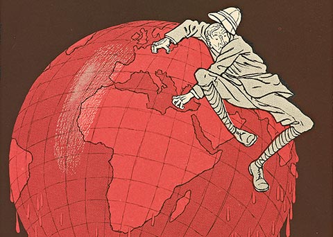 Detail of Englishman and His Globe: Man sliding off of red globe on dark background