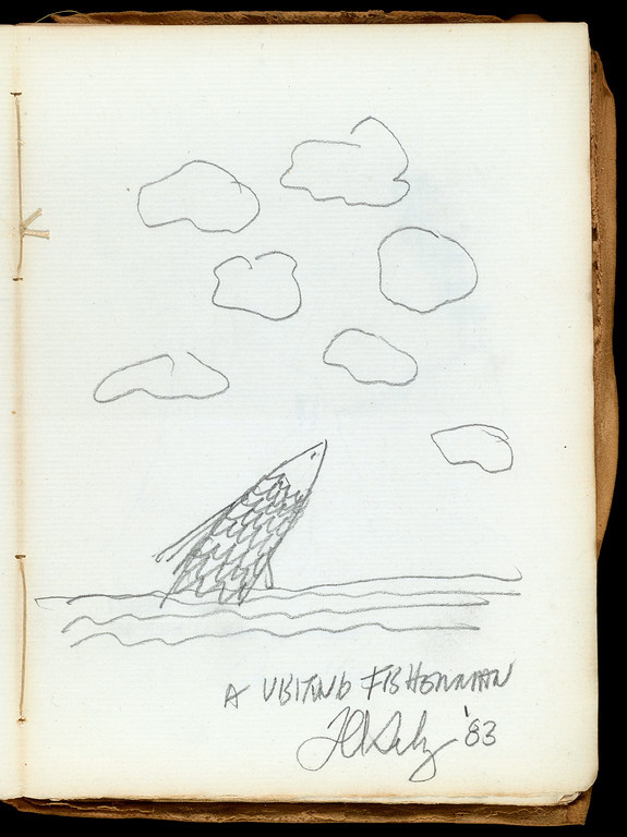 Frank Gehry pencil drawing of a fish jumping out of the water
