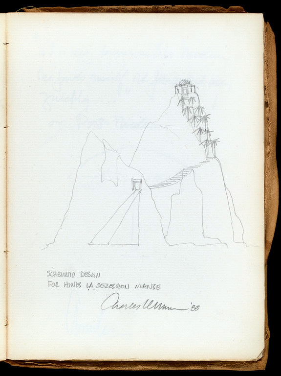 Charles Moore pencil drawing of a palm tree lined mountain pass path to moorish home