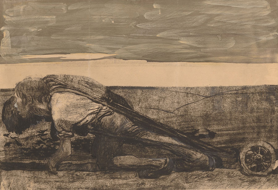 Kollwitz' charcoal drawing of man ploughing