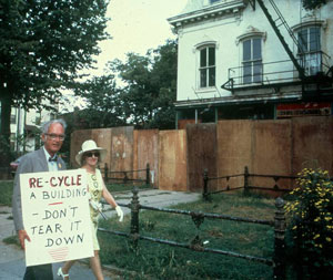 Protest against the demolition of a historic building in Washington, D.C., circa 1980