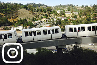 The tram at the Getty descends from the Getty Center with the Instagram logo overlaid in the bottom left-hand corner.