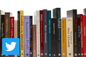 A row of books published by Getty Publications with the Twitter logo overlaid in the bottom left-hand corner.