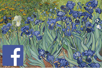 Van Gogh's Irises with the Facebook logo overlaid on the image in the bottom left corner.