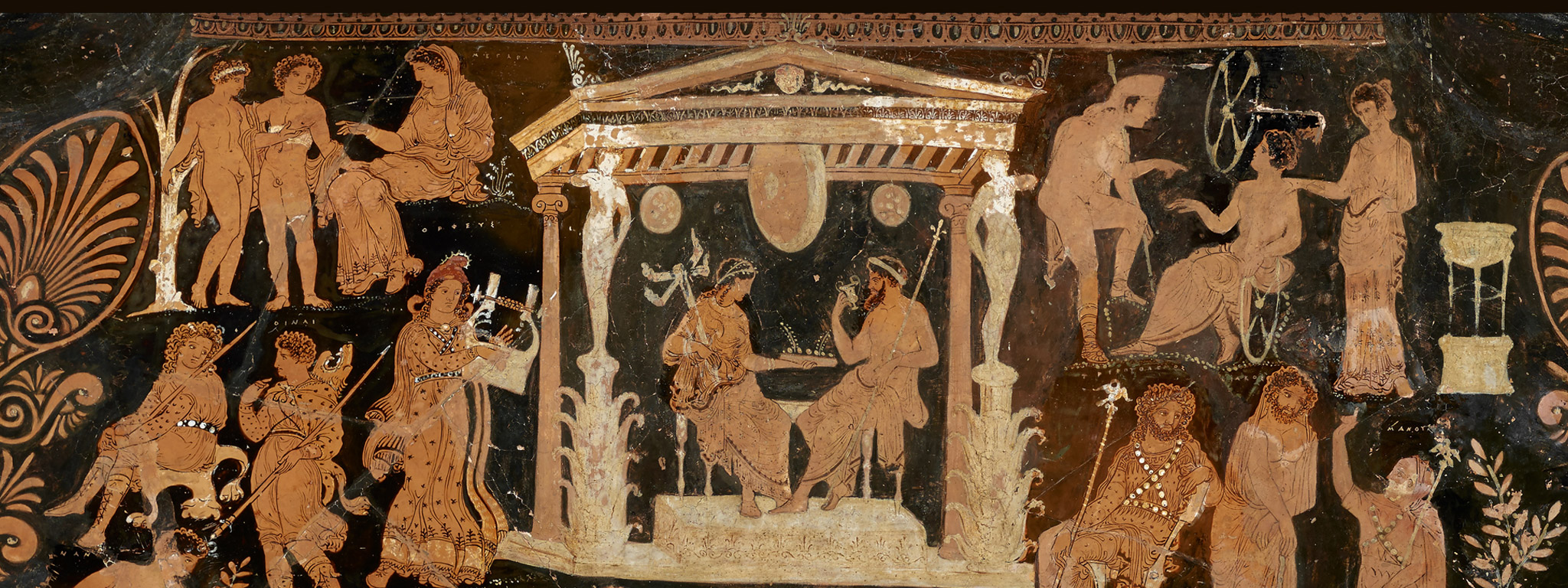 Funerary Vessel with an Underworld Scene (detail, pre-conservation), South Italian, made in Apulia, 360–340 BC; found in Altamura, Italy, in 1847, terracotta. Red-figure volute krater attributed to the Circle of the Lycurgus Painter. National Archaeological Museum of Naples, 81666