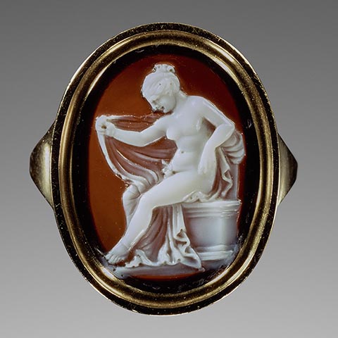<em>Cameo with Hermaphroditos</em>, Greek, 150-100 BC, attributed to Protarchos, sardonyx set in a modern gold ring. The J. Paul Getty Museum