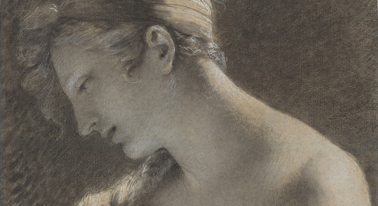 Head of a Woman: Study for The Happy Mother (L’Heureuse mère) (detail), 1810, Pierre-Paul Prud’hon; black and white chalk, stumped, on blue paper. The J. Paul Getty Museum