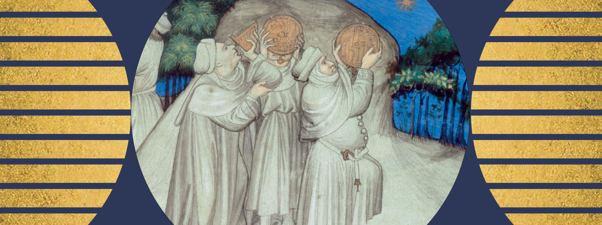 Astronomers on Mount Athos (detail), in The Travels of Sir John Mandeville, about 1400-25, Master of the Mandeville Travels. Tinted ink on parchment. The British Library Collection, Add.24189, fol. 15. Image © The British Library Board