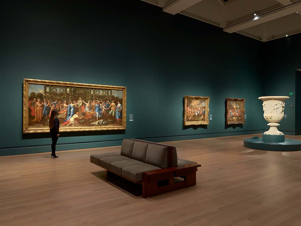 Gallery view, left to right: Hymenaeus Disguised as a Woman during an Offering to Priapus, about 1634–38 (Collection Museu de Arte de São Paulo Assis Chateaubriand. Purchase, 1958, MASP.00046); The Triumph of Pan, 1636 (The National Gallery, London. Bought with contributions from the National Heritage Memorial Fund and the Art Fund, 1982); The Triumph of Bacchus, 1635–36 (The Nelson-Atkins Museum of Art, Kansas City, Missouri. Purchase: William Rockhill Nelson Trust, 31-94); Krater Decorated with Procession of Dionysos (Borghese Vase), Greek, about 100–1 BCE (Musée du Louvre, Paris, Département des Antiquités grecques, étrusques et romaines)