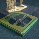 Digital animation still of marble statue feet standing on a mount divided into separate planes