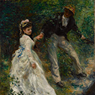 Detail of a Renoir painting of a smartly dressed gentleman offering a hand to a woman in a flowing white dress