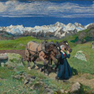 Detail of a painting with a woman leading two draft horses in an alpine landscape