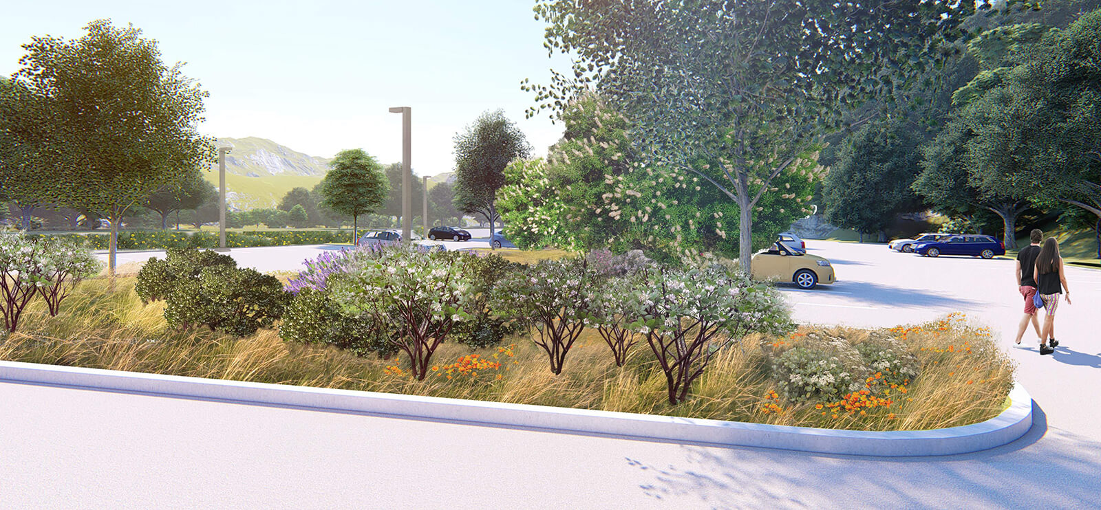A computer rendering shows Oak Parking at ground level, landscaped with several trees, grasses, and other plants in bloom.