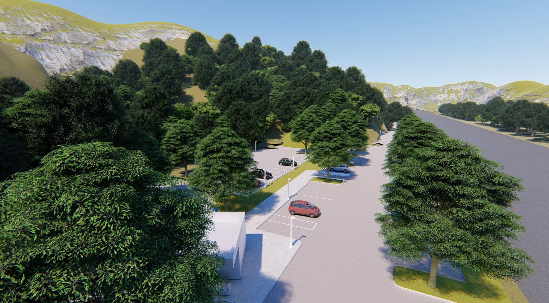 A computer rendering looks down on Oak Parking Project facing north. Trees dominate the view, shading much of the parking beneath. 