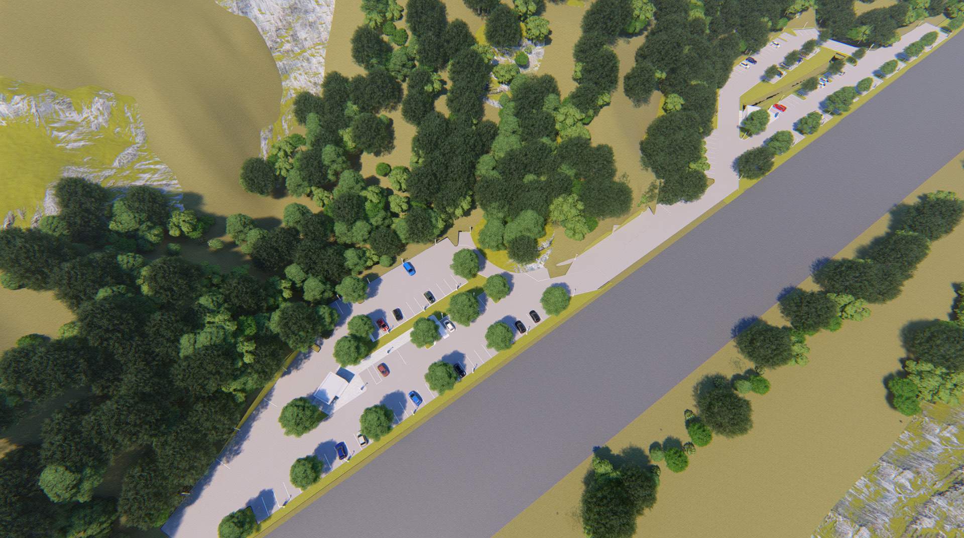 A computer rendering of a bird’s-eye view of the Oak Parking areas, showing the predominance of trees growing in the parking area and just adjacent to