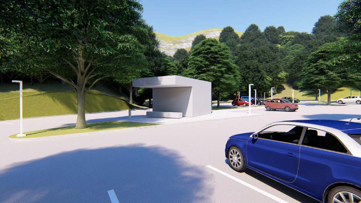 A computer rendering of the Oak Parking Project, facing a covered shuttle stop with a bench.
