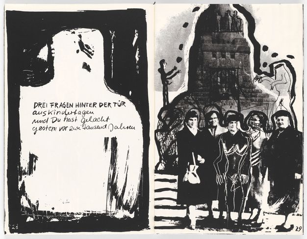 Black and white spread showing text of poem on the left page and, on the right, five overpainted and overdrawn full-length figures.