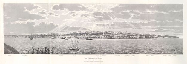 Foldout black and white drawing of the developed coastline showing boats sailing, part of the pier, and a dramatic sky.