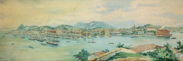 Color drawing showing rooftops in the foreground and the city, boats, and Carioca hills beyond.