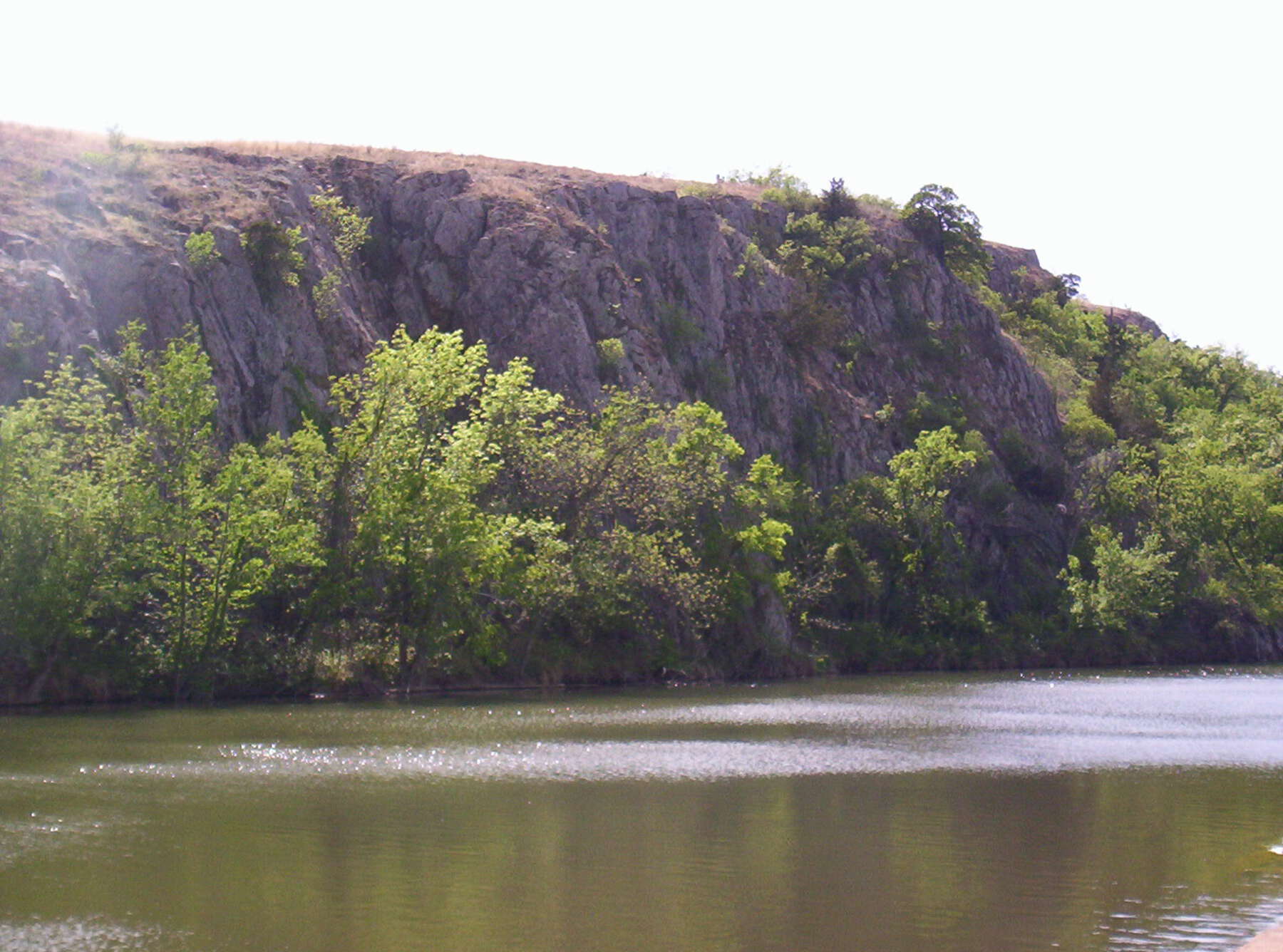 Mesa with trees hanging from its side and, at the bottom, found next to a lake.