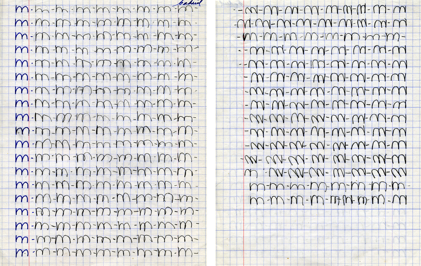 Two graph papers with blue-ink ‘m’s left of red index line, copied in pencil on right; right sheet with backward ‘m’s in rows