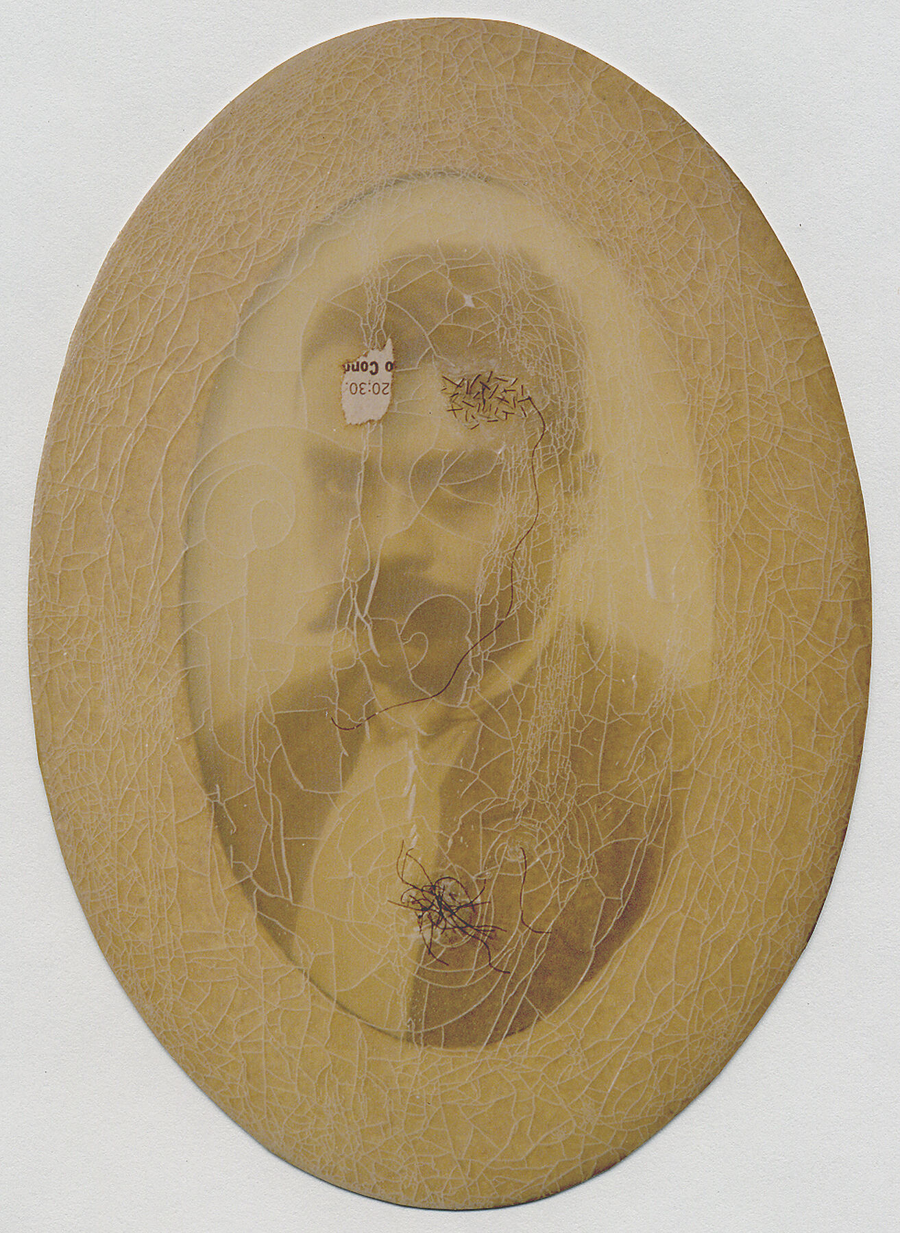 Tan frame with ghostly image-trace of portrait overlain with white scratches, short hairs, and a newspaper fragment