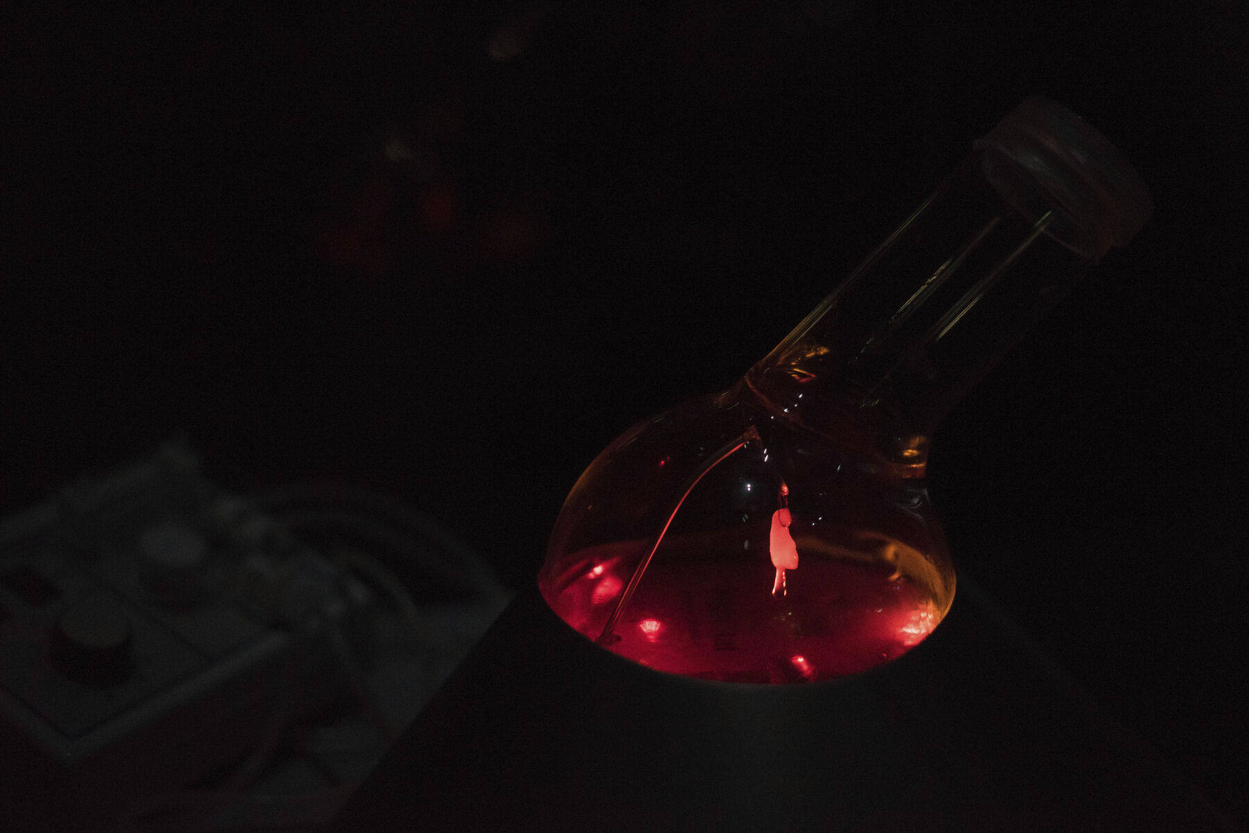 Reddish figure hanging from metal rod inside glass-like transparent jar with red lights on base