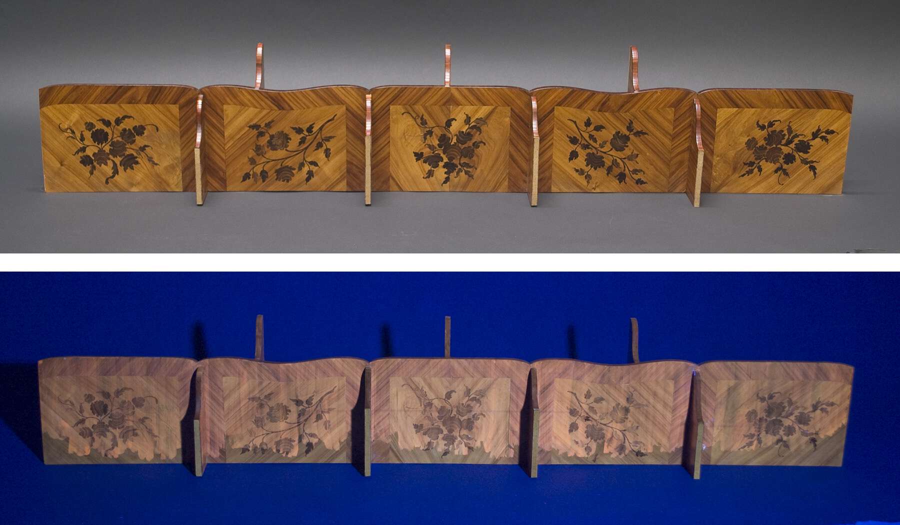 two photographs of one of the interior units under both visible and UV light—under UV light the difference between the original finish and the restored finish becomes visible