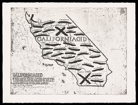 A print created in the tradition of large-format atlases engraved on copper plates depicts the geographical borders of California with the word "CALIFORNIACID" printed in the center. The names of artists, painters, and thinkers from the renaissance to the contemporary era appear within the state's b