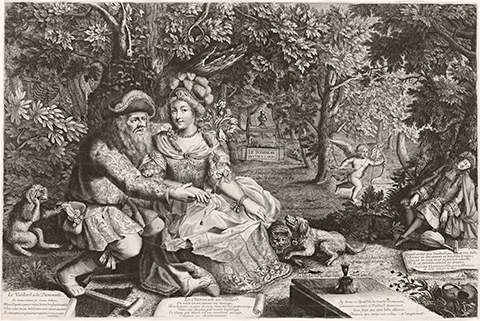 A 17th century print depicting a comical mix-up; Death and Cupid have swapped arrows and an old man and a young man have swapped fates