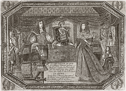 A 17th century print in which Louis XIV and his wife present their newborn son