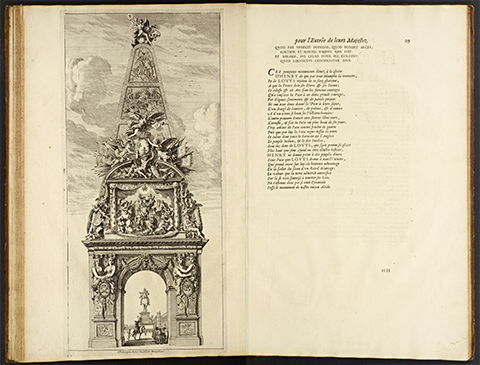 View of an open book displaying a 17th century print of a tall obelisk in the form of a triumphal arch