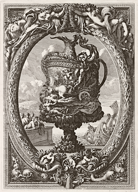 A 17th century print of an enormous vase with an elaborate ornamental border
