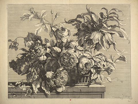 A 17th century print of a floral bouquet in a basket