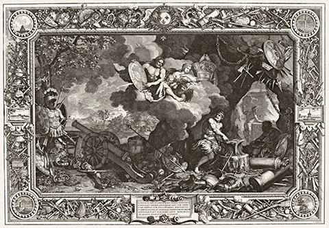 A 17th century print of a tapestry design featuring Venus and Jupiter presiding over Vulcan