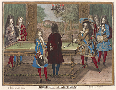 A 17th century color print of the royal family playing billiards in the palace of Versailles 