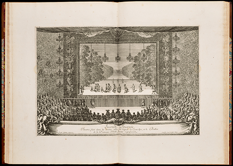 View of an open book displaying a 17th century print of a theater performance