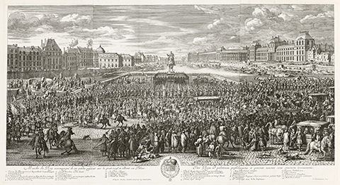 A 17th century print of a large crowd during a procession of the king