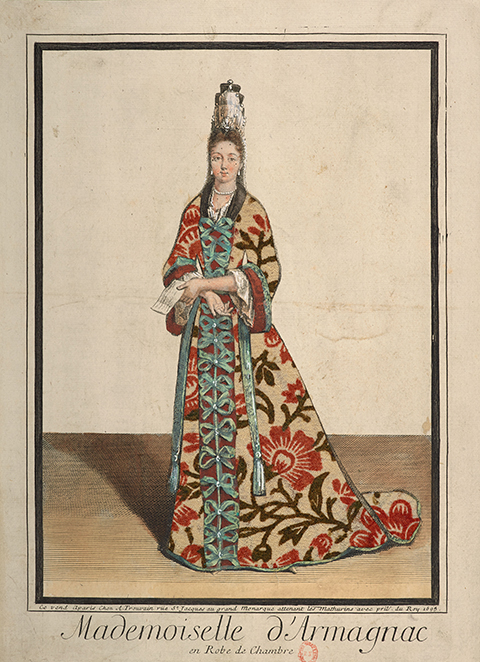A 17th century color print of a woman in a colorfully patterned dressing gown